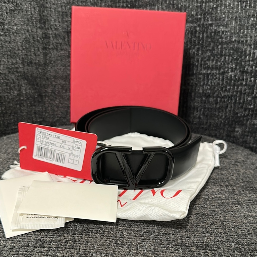 Valentino Black Leather Belt with Logo Buckle